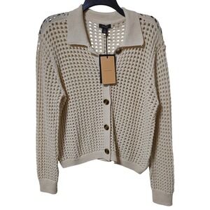 Halogen Womens Cream Open Knit Mesh Cardigan Sweater Polo Collar Size M NWT
